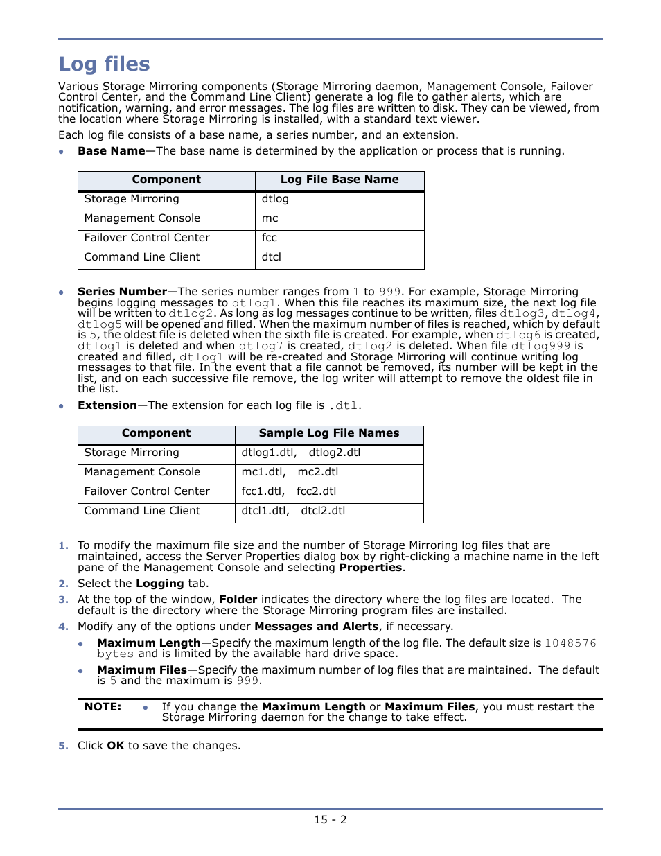 Log files, Log files -2 | HP Storage Mirroring Software User Manual | Page 88 / 134