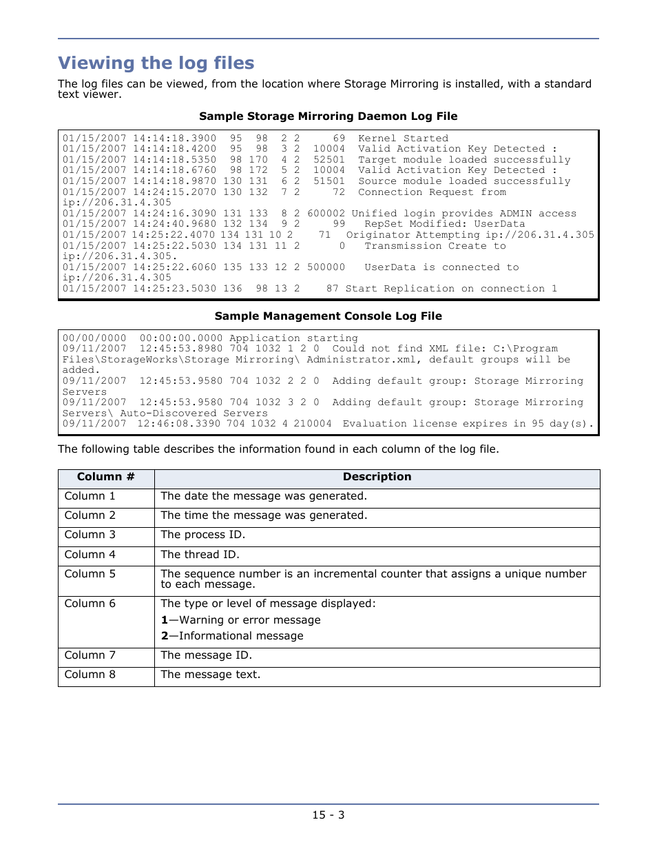 Viewing the log files, Viewing the log files -3 | HP Storage Mirroring Software User Manual | Page 89 / 134