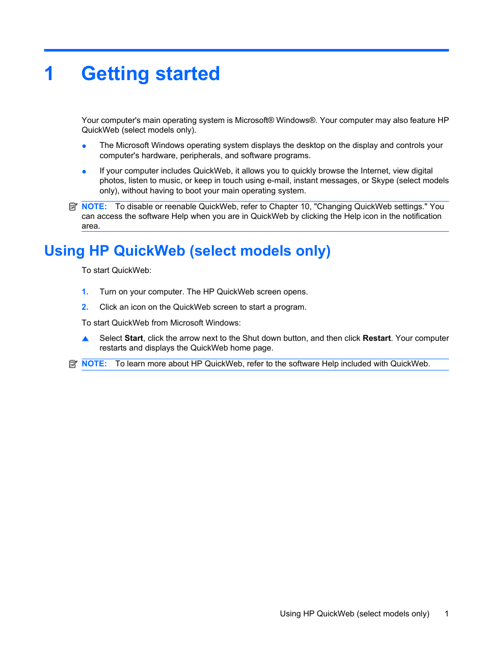 Getting started, Using hp quickweb (select models only), 1 getting started | 1getting started | HP Pavilion dm3-1108ax Entertainment Notebook PC User Manual | Page 11 / 94