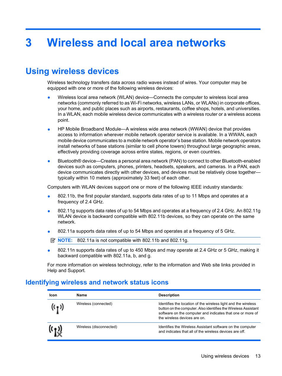 Wireless and local area networks, Using wireless devices, Identifying wireless and network status icons | 3 wireless and local area networks, 3wireless and local area networks | HP Pavilion dm3-1108ax Entertainment Notebook PC User Manual | Page 23 / 94