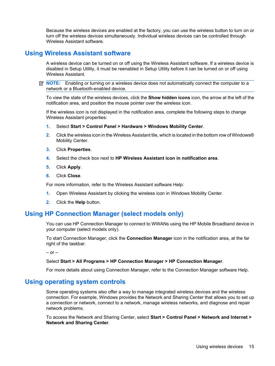 Using wireless assistant software, Using hp connection manager (select models only), Using operating system controls | HP Pavilion dm3-1108ax Entertainment Notebook PC User Manual | Page 25 / 94