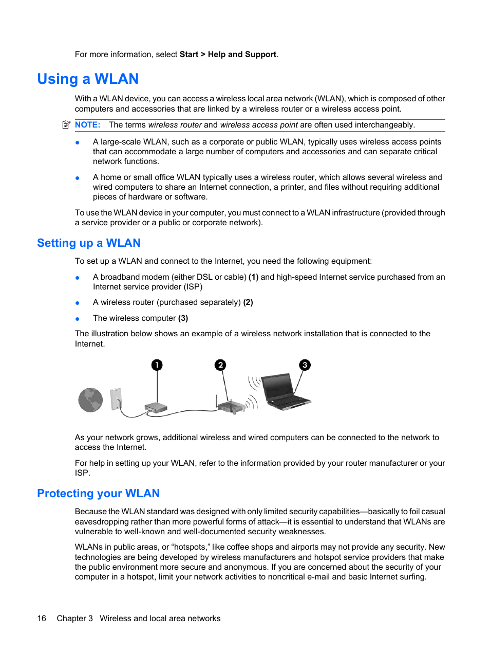 Using a wlan, Setting up a wlan, Protecting your wlan | Setting up a wlan protecting your wlan | HP Pavilion dm3-1108ax Entertainment Notebook PC User Manual | Page 26 / 94