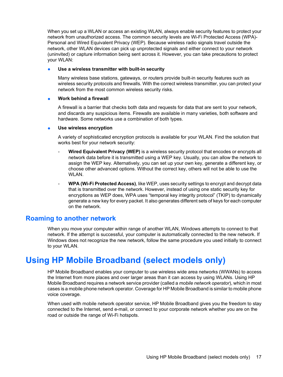 Roaming to another network, Using hp mobile broadband (select models only) | HP Pavilion dm3-1108ax Entertainment Notebook PC User Manual | Page 27 / 94