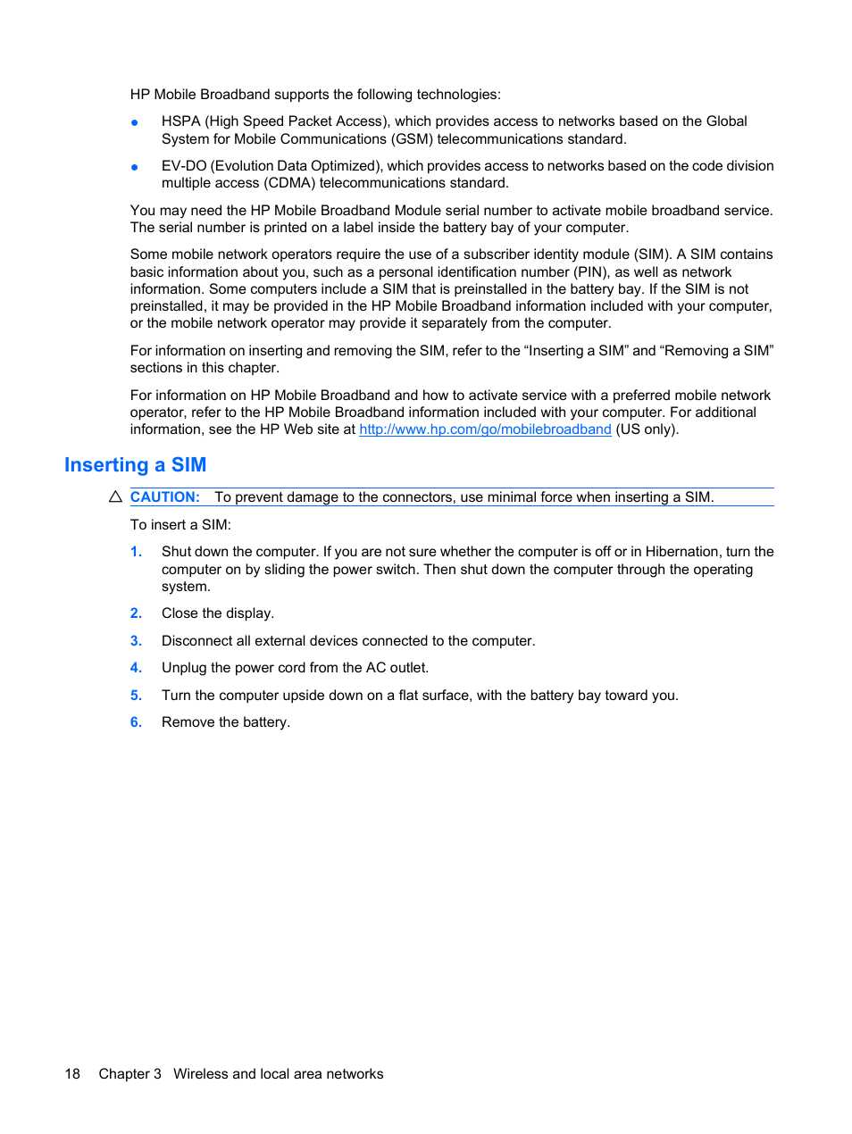 Inserting a sim | HP Pavilion dm3-1108ax Entertainment Notebook PC User Manual | Page 28 / 94
