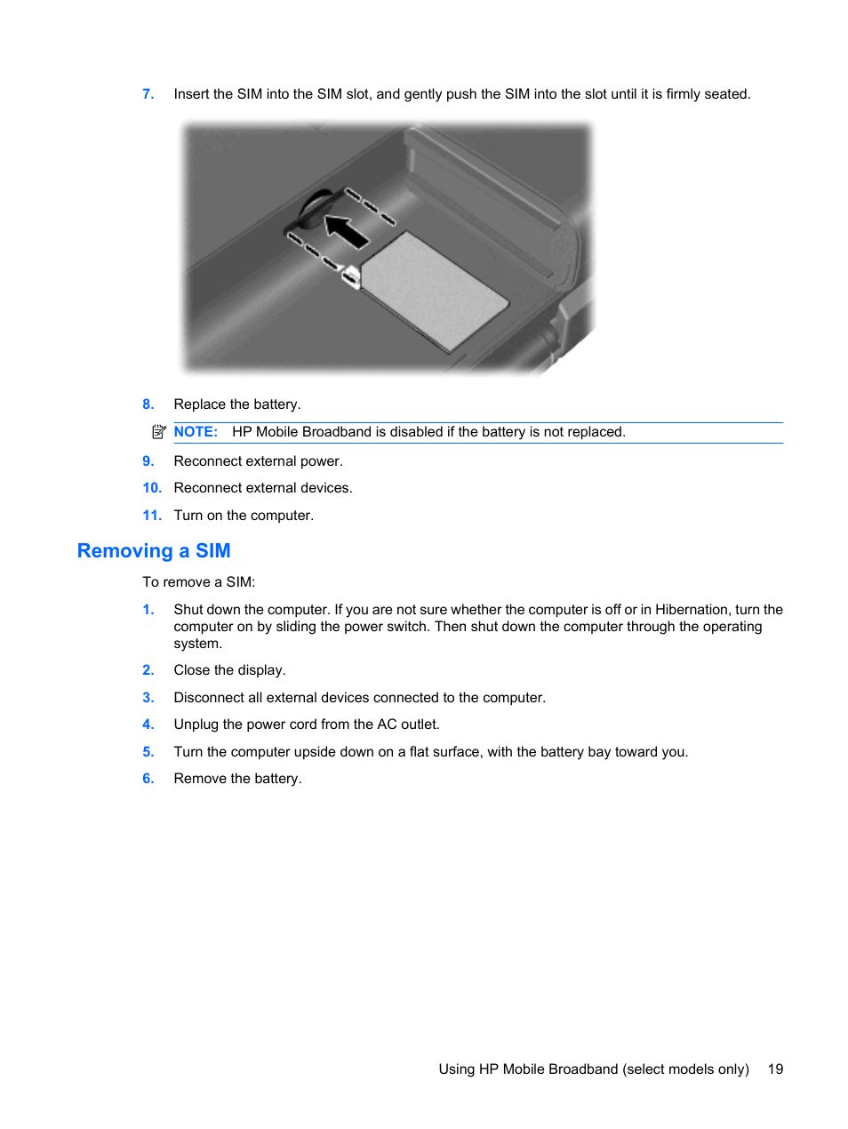 Removing a sim | HP Pavilion dm3-1108ax Entertainment Notebook PC User Manual | Page 29 / 94