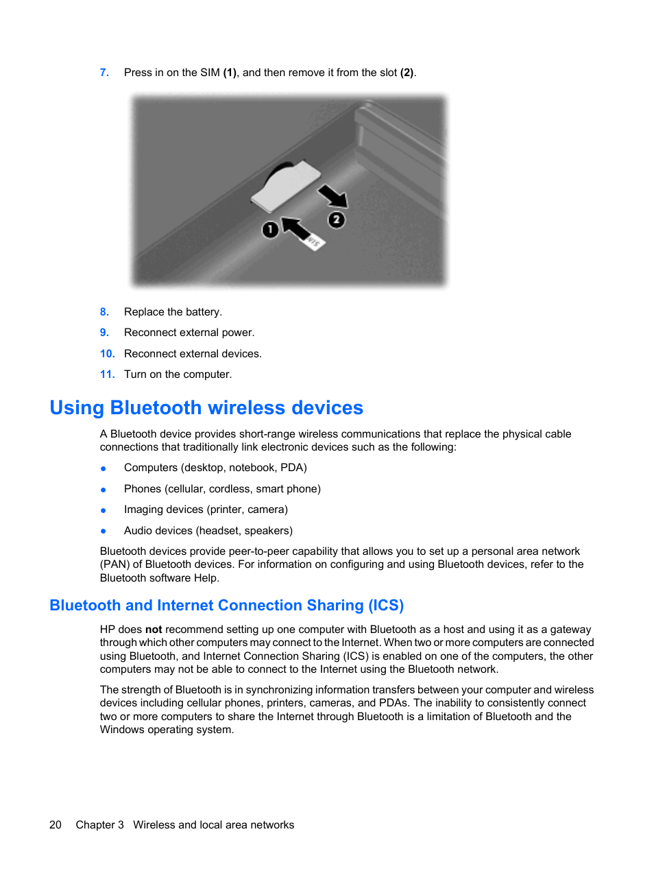 Using bluetooth wireless devices, Bluetooth and internet connection sharing (ics) | HP Pavilion dm3-1108ax Entertainment Notebook PC User Manual | Page 30 / 94