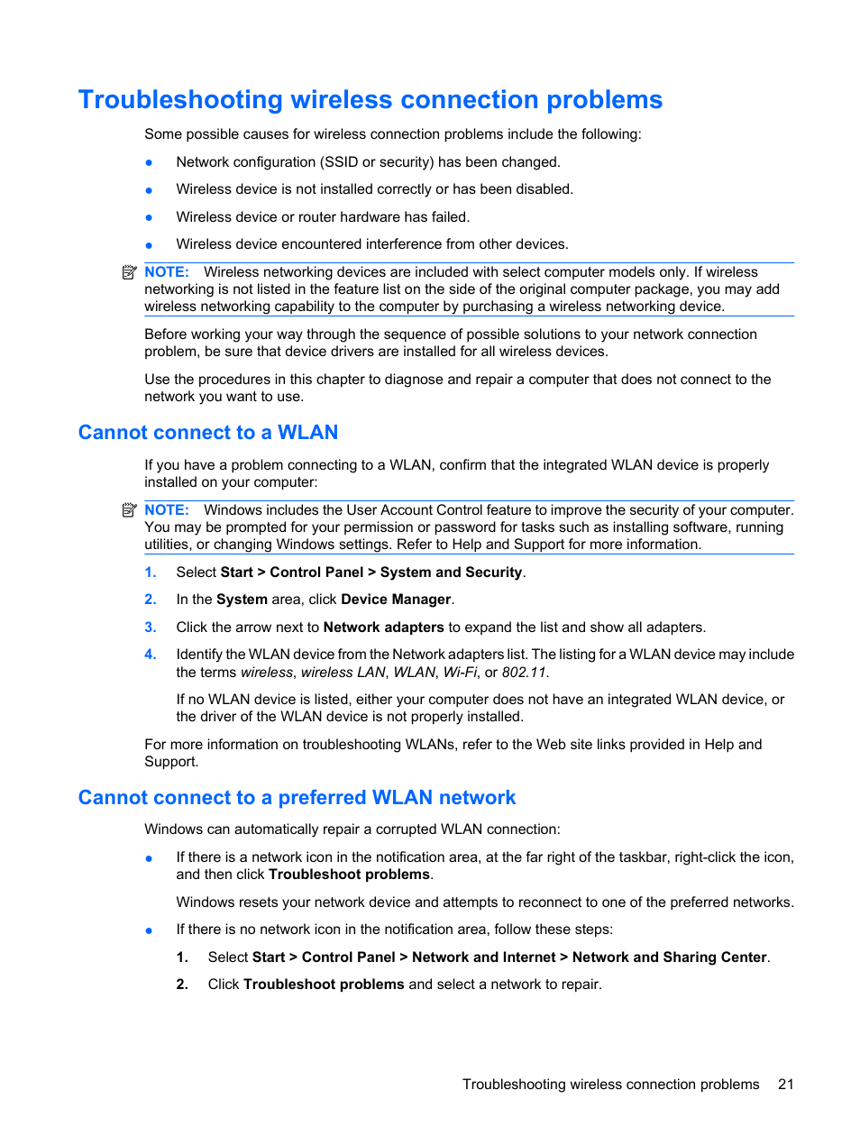 Troubleshooting wireless connection problems, Cannot connect to a wlan, Cannot connect to a preferred wlan network | HP Pavilion dm3-1108ax Entertainment Notebook PC User Manual | Page 31 / 94