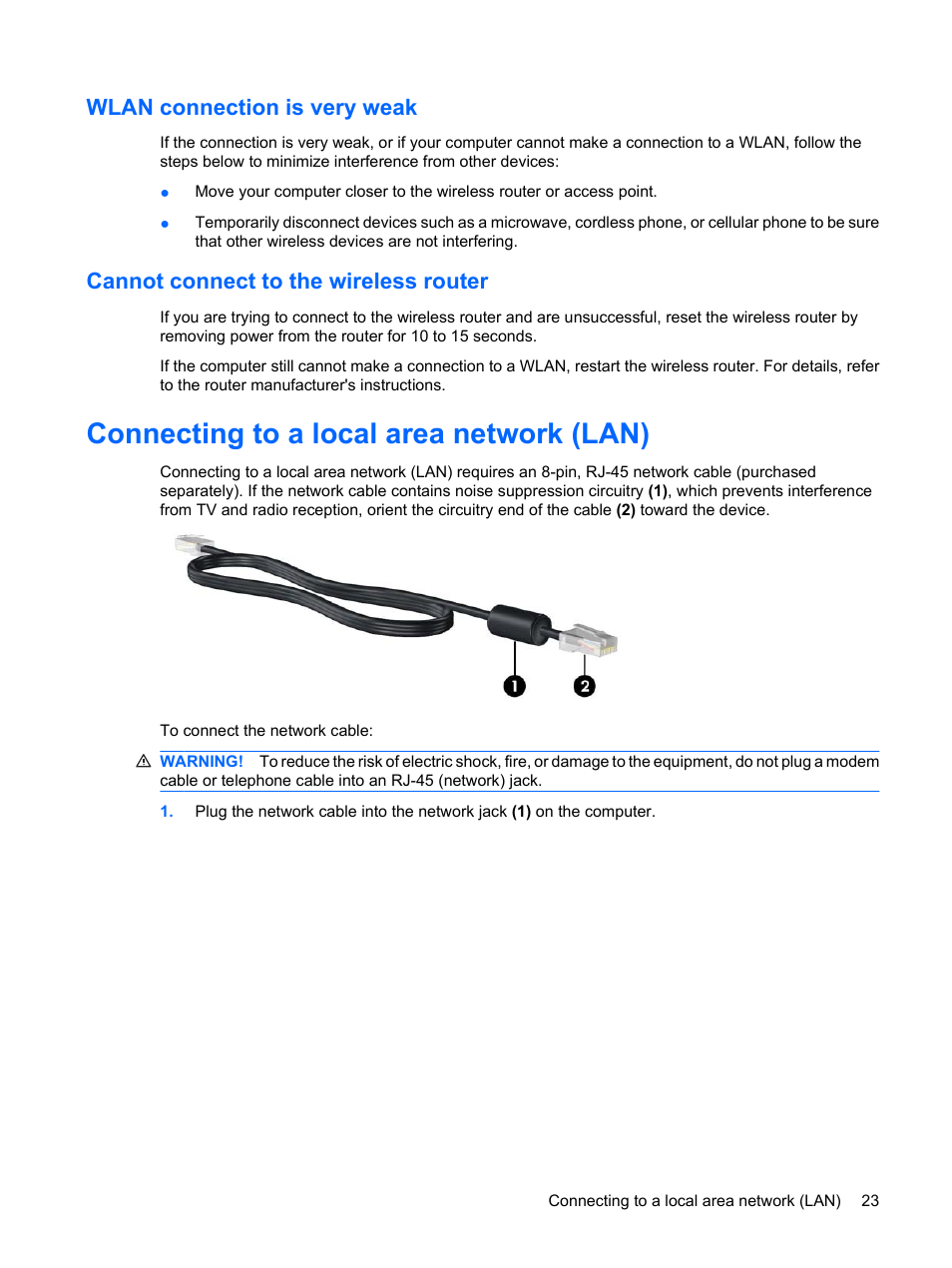 Wlan connection is very weak, Cannot connect to the wireless router, Connecting to a local area network (lan) | HP Pavilion dm3-1108ax Entertainment Notebook PC User Manual | Page 33 / 94