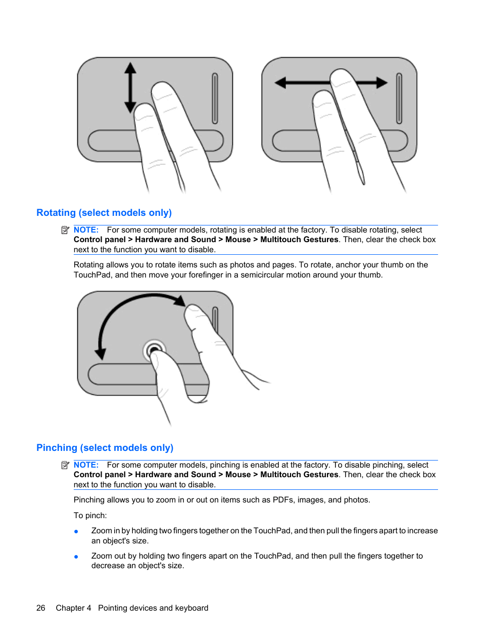 Rotating (select models only), Pinching (select models only) | HP Pavilion dm3-1108ax Entertainment Notebook PC User Manual | Page 36 / 94