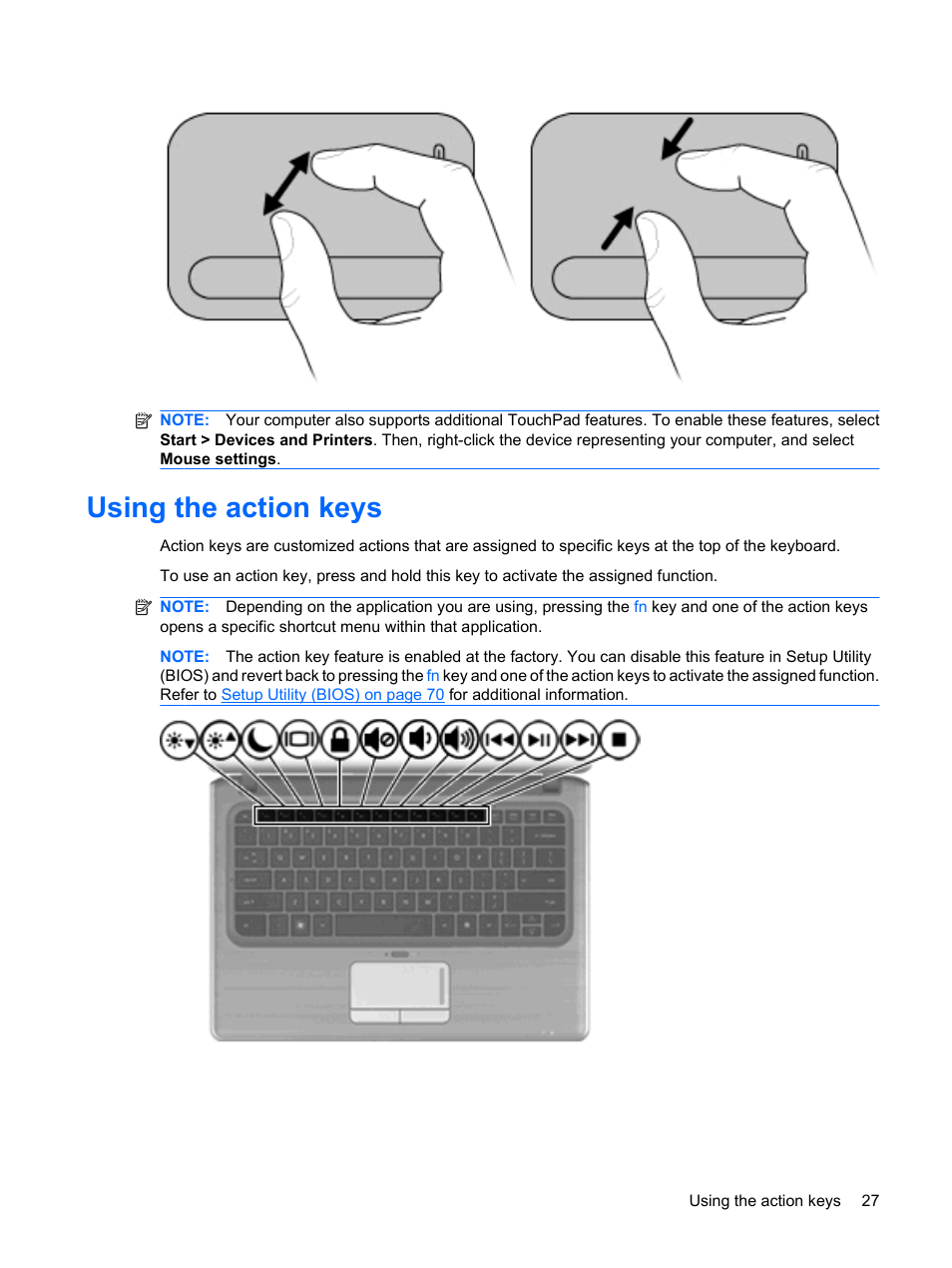 Using the action keys | HP Pavilion dm3-1108ax Entertainment Notebook PC User Manual | Page 37 / 94