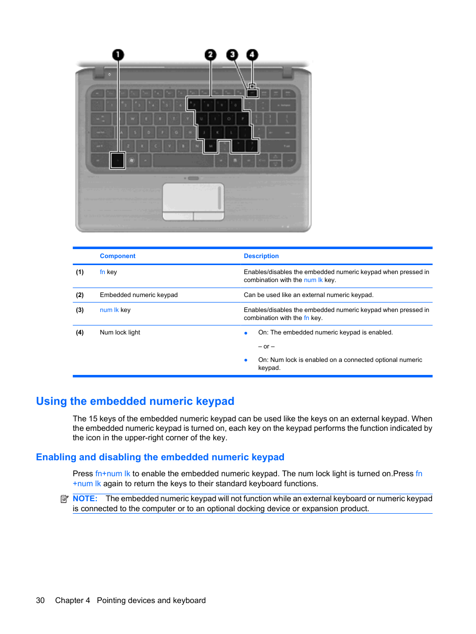 Using the embedded numeric keypad, Enabling and disabling the embedded numeric keypad | HP Pavilion dm3-1108ax Entertainment Notebook PC User Manual | Page 40 / 94