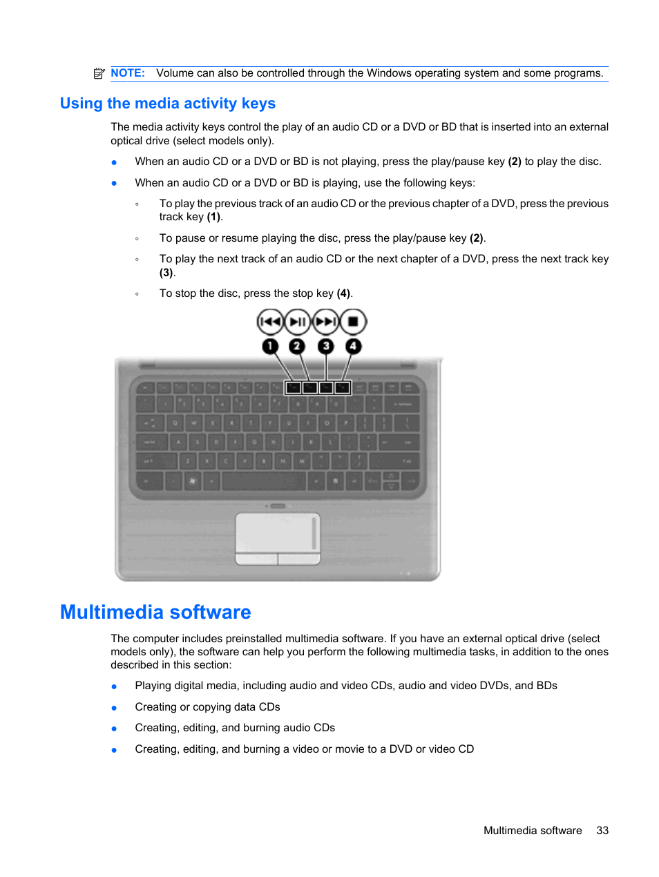 Using the media activity keys, Multimedia software | HP Pavilion dm3-1108ax Entertainment Notebook PC User Manual | Page 43 / 94