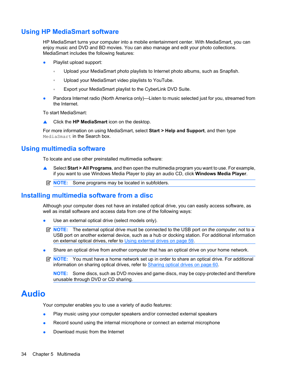 Using hp mediasmart software, Using multimedia software, Installing multimedia software from a disc | Audio | HP Pavilion dm3-1108ax Entertainment Notebook PC User Manual | Page 44 / 94
