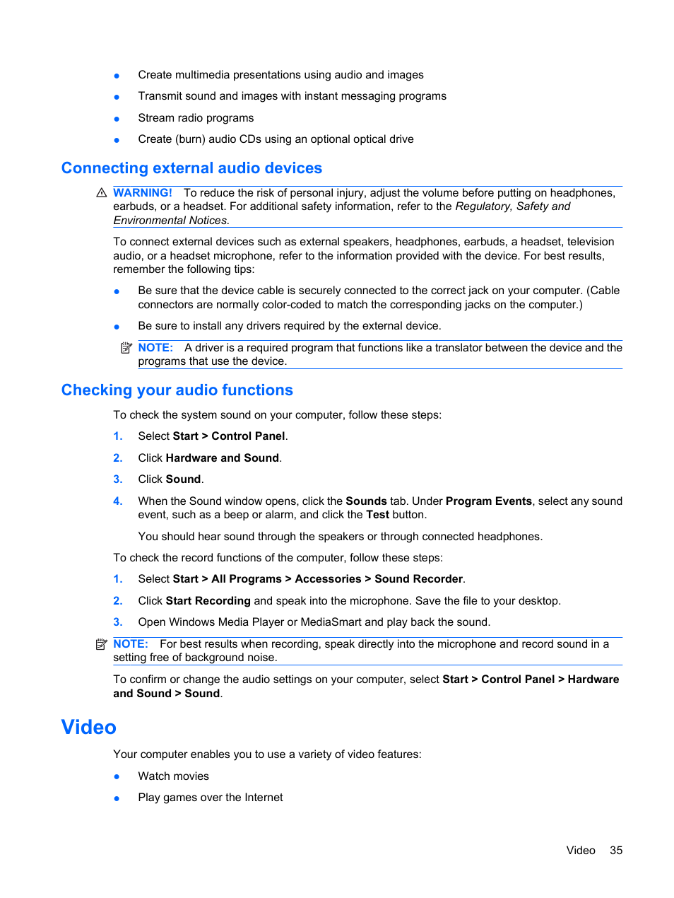 Connecting external audio devices, Checking your audio functions, Video | HP Pavilion dm3-1108ax Entertainment Notebook PC User Manual | Page 45 / 94