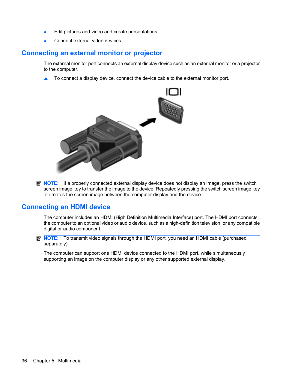 Connecting an external monitor or projector, Connecting an hdmi device | HP Pavilion dm3-1108ax Entertainment Notebook PC User Manual | Page 46 / 94