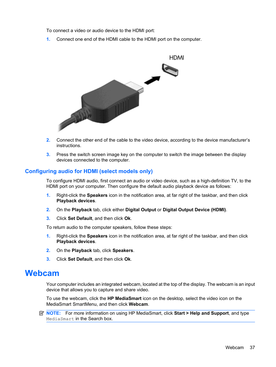 Configuring audio for hdmi (select models only), Webcam | HP Pavilion dm3-1108ax Entertainment Notebook PC User Manual | Page 47 / 94