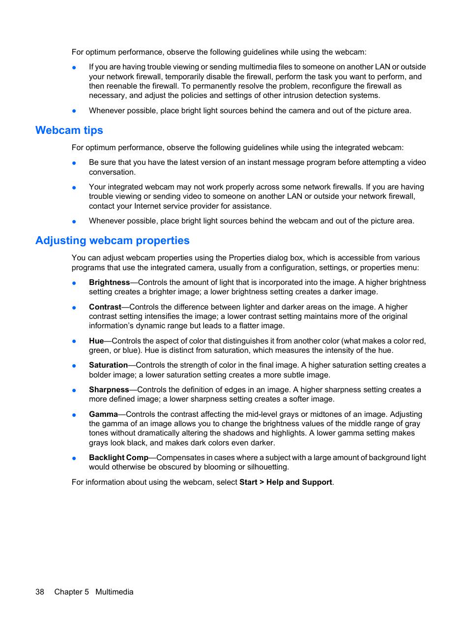 Webcam tips, Adjusting webcam properties, Webcam tips adjusting webcam properties | HP Pavilion dm3-1108ax Entertainment Notebook PC User Manual | Page 48 / 94