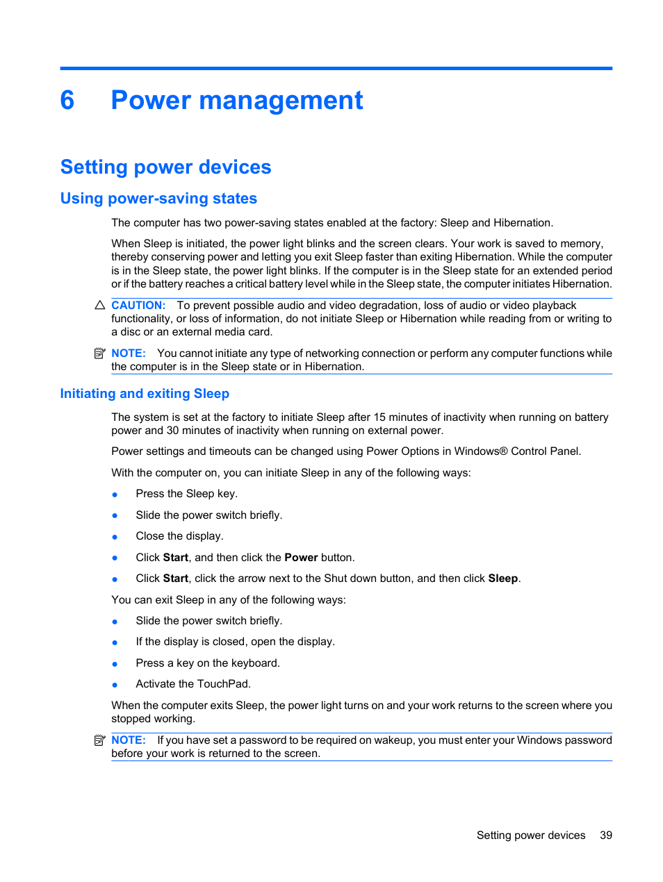 Power management, Setting power devices, Using power-saving states | Initiating and exiting sleep, 6 power management, 6power management | HP Pavilion dm3-1108ax Entertainment Notebook PC User Manual | Page 49 / 94