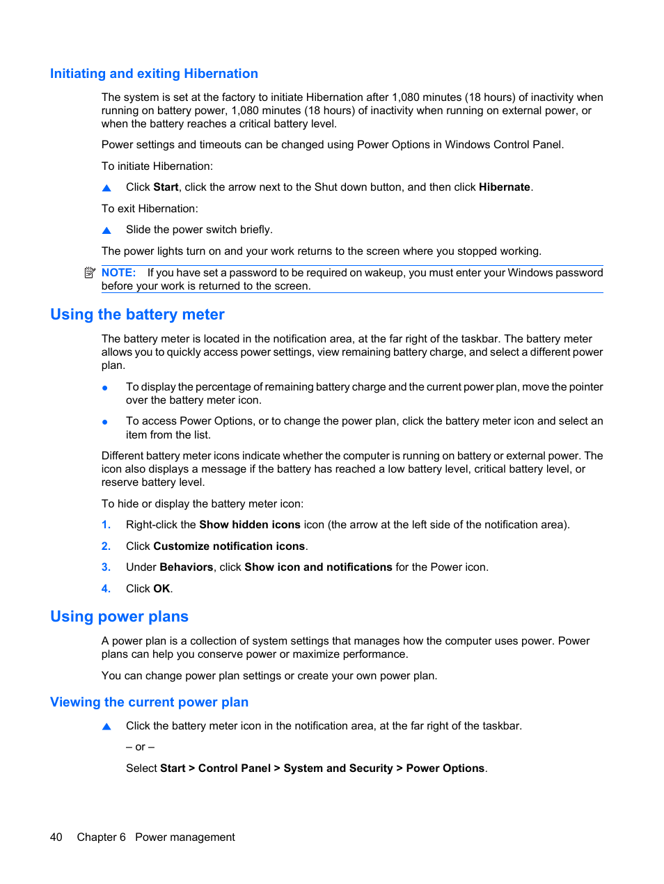 Initiating and exiting hibernation, Using the battery meter, Using power plans | Viewing the current power plan, Using the battery meter using power plans | HP Pavilion dm3-1108ax Entertainment Notebook PC User Manual | Page 50 / 94