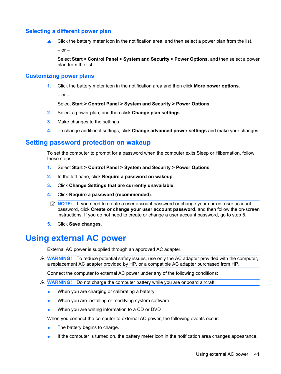 Selecting a different power plan, Customizing power plans, Setting password protection on wakeup | Using external ac power | HP Pavilion dm3-1108ax Entertainment Notebook PC User Manual | Page 51 / 94