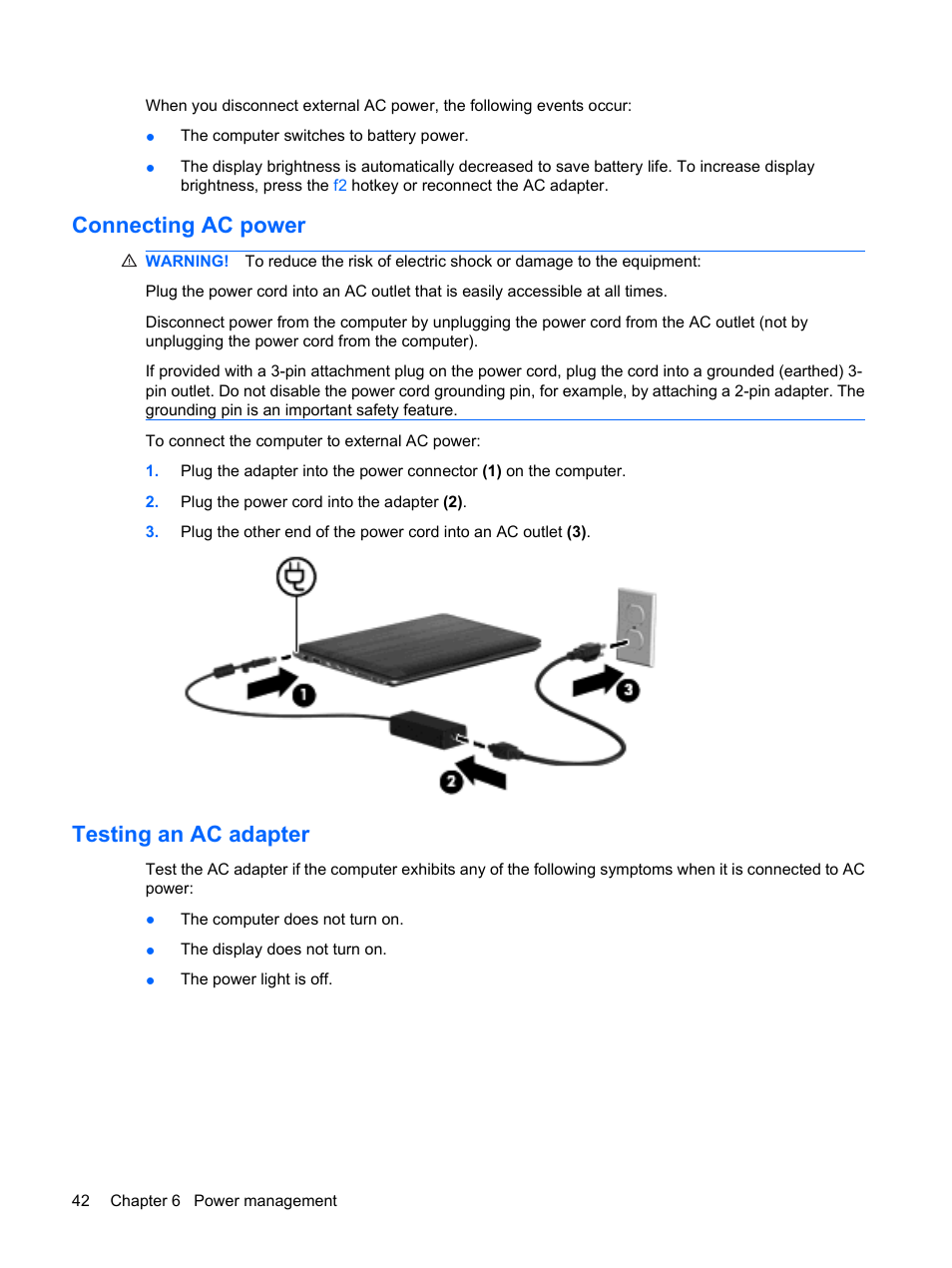 Connecting ac power, Testing an ac adapter, Connecting ac power testing an ac adapter | HP Pavilion dm3-1108ax Entertainment Notebook PC User Manual | Page 52 / 94