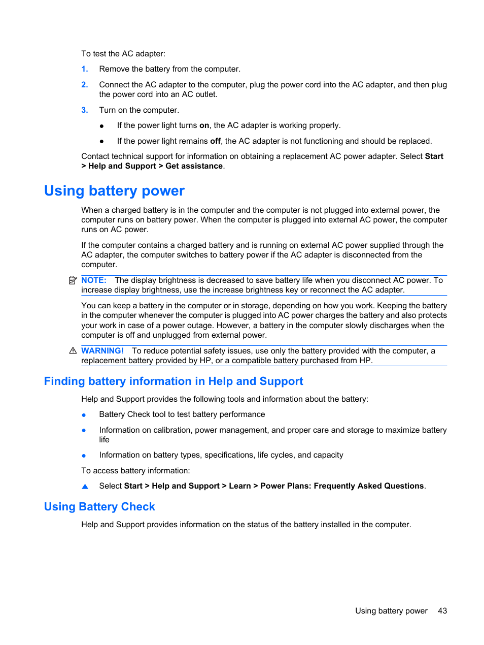 Using battery power, Finding battery information in help and support, Using battery check | HP Pavilion dm3-1108ax Entertainment Notebook PC User Manual | Page 53 / 94