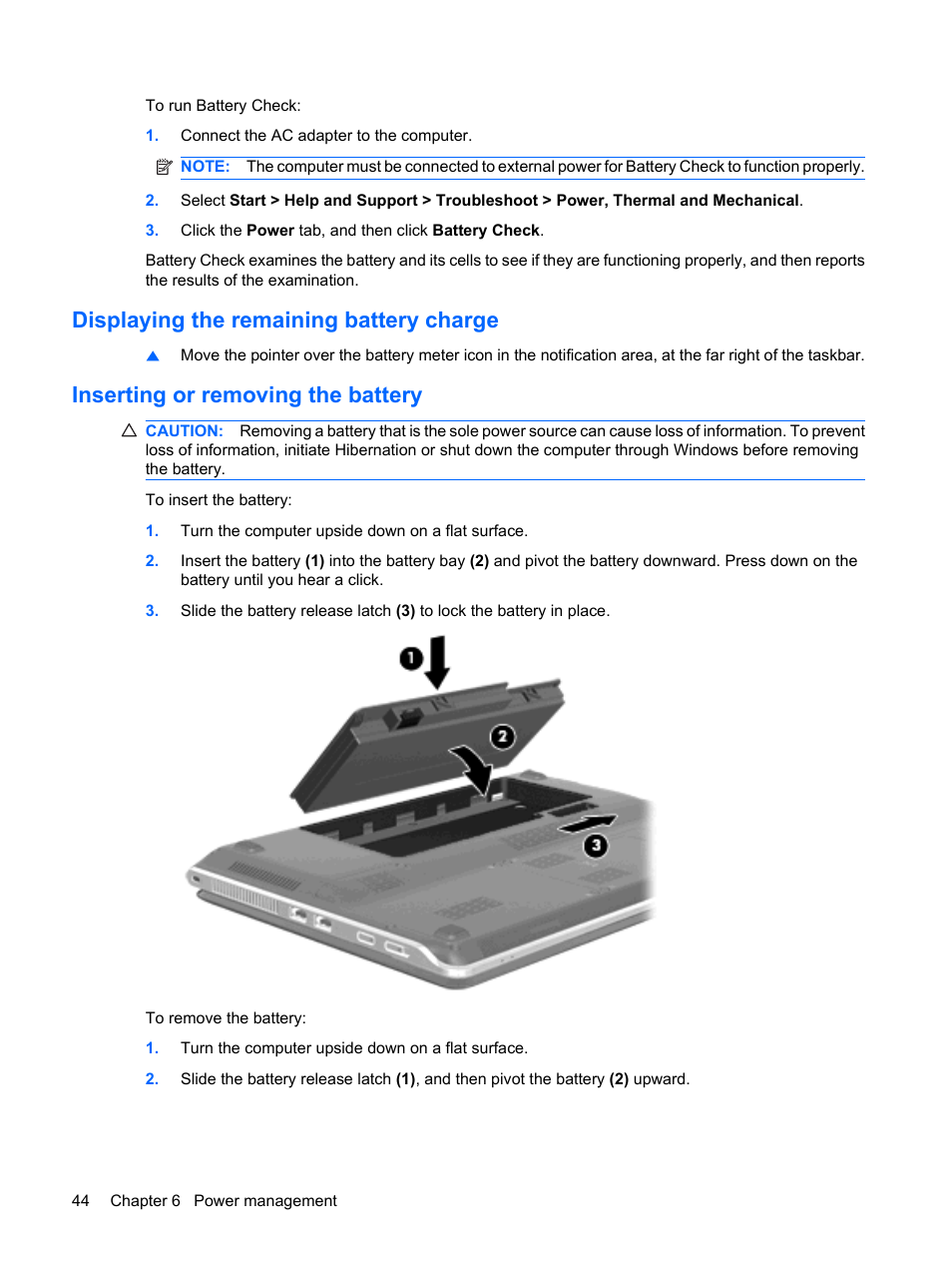 Displaying the remaining battery charge, Inserting or removing the battery | HP Pavilion dm3-1108ax Entertainment Notebook PC User Manual | Page 54 / 94