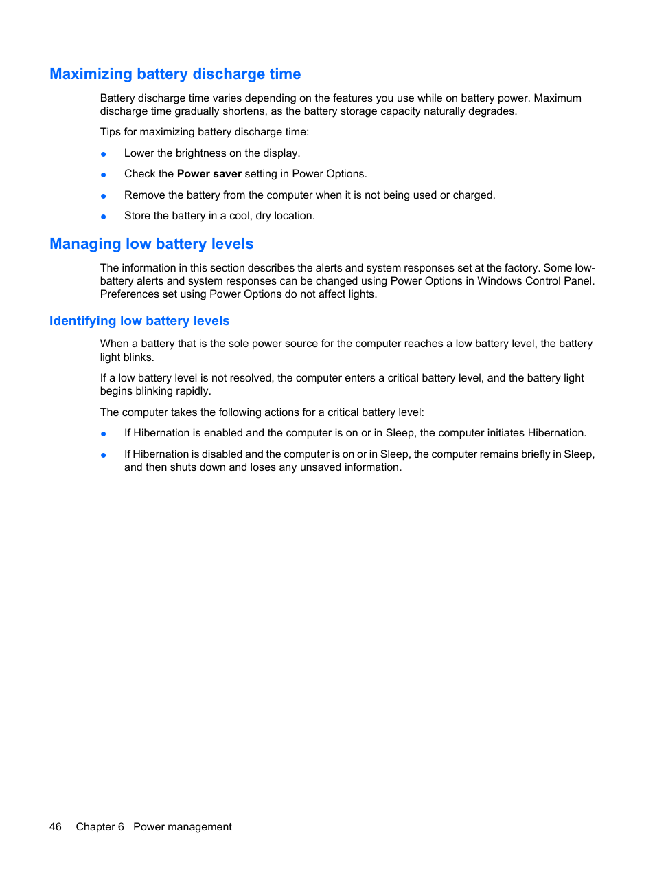 Maximizing battery discharge time, Managing low battery levels, Identifying low battery levels | HP Pavilion dm3-1108ax Entertainment Notebook PC User Manual | Page 56 / 94