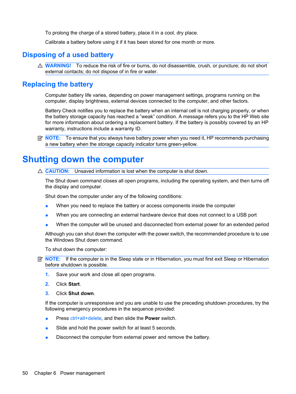 Disposing of a used battery, Replacing the battery, Shutting down the computer | Disposing of a used battery replacing the battery | HP Pavilion dm3-1108ax Entertainment Notebook PC User Manual | Page 60 / 94