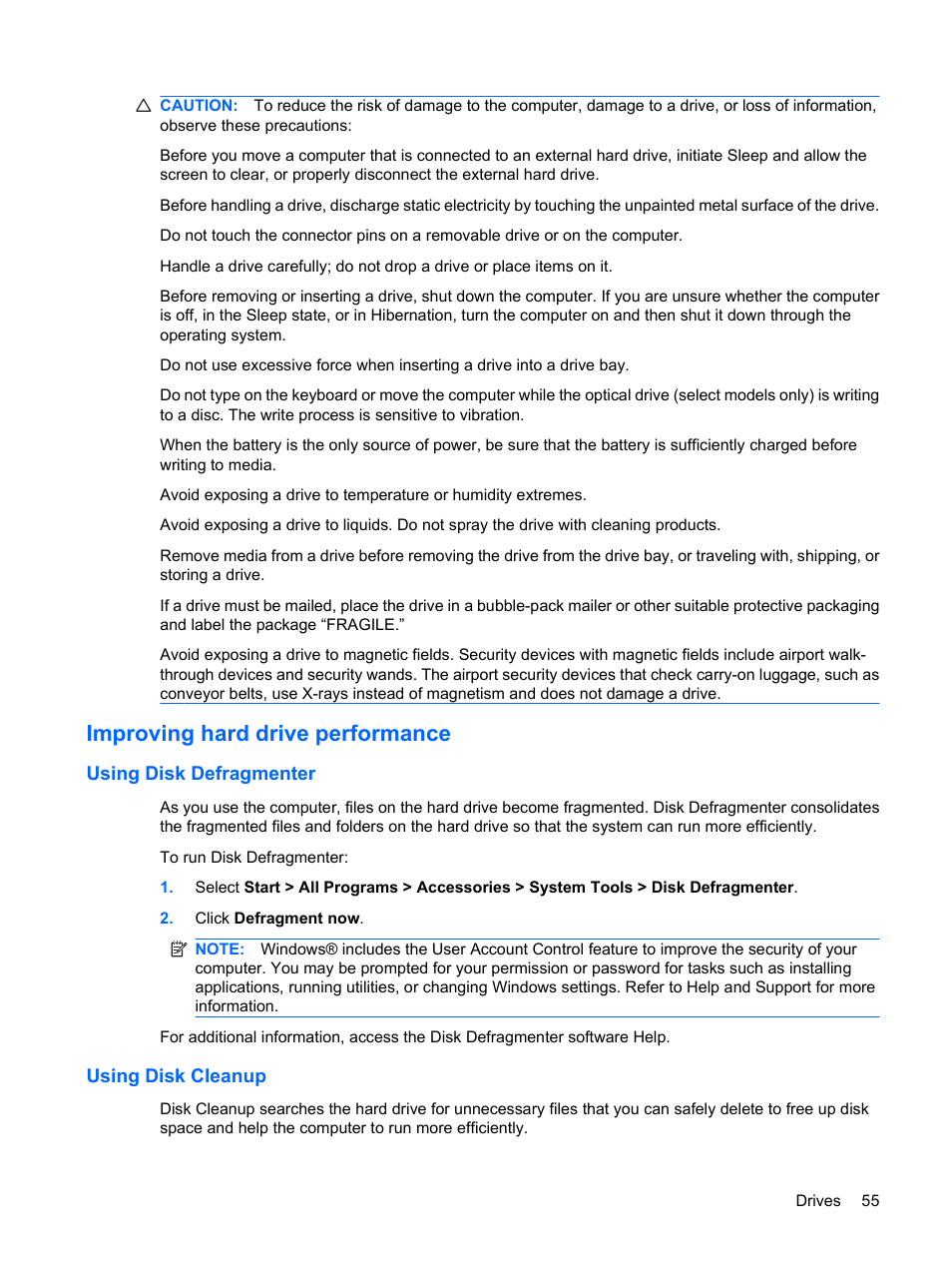 Improving hard drive performance, Using disk defragmenter, Using disk cleanup | Using disk defragmenter using disk cleanup | HP Pavilion dm3-1108ax Entertainment Notebook PC User Manual | Page 65 / 94