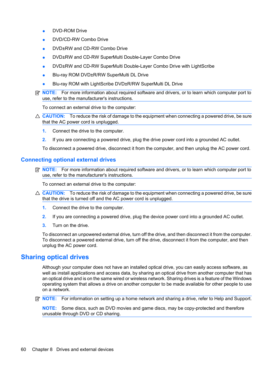 Connecting optional external drives, Sharing optical drives | HP Pavilion dm3-1108ax Entertainment Notebook PC User Manual | Page 70 / 94