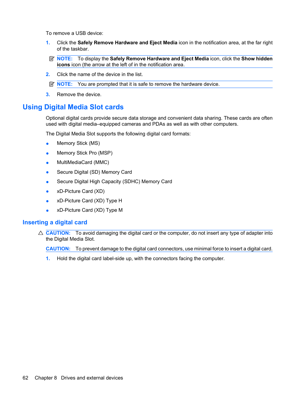 Using digital media slot cards, Inserting a digital card | HP Pavilion dm3-1108ax Entertainment Notebook PC User Manual | Page 72 / 94