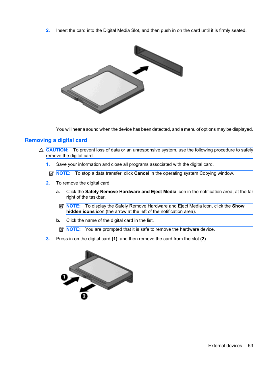 Removing a digital card | HP Pavilion dm3-1108ax Entertainment Notebook PC User Manual | Page 73 / 94