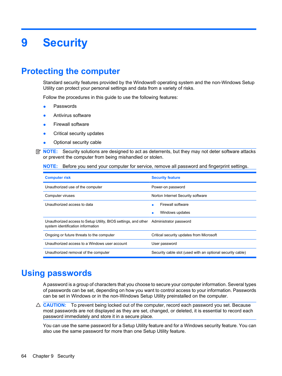 Security, Protecting the computer, Using passwords | 9 security, Protecting the computer using passwords, 9security | HP Pavilion dm3-1108ax Entertainment Notebook PC User Manual | Page 74 / 94