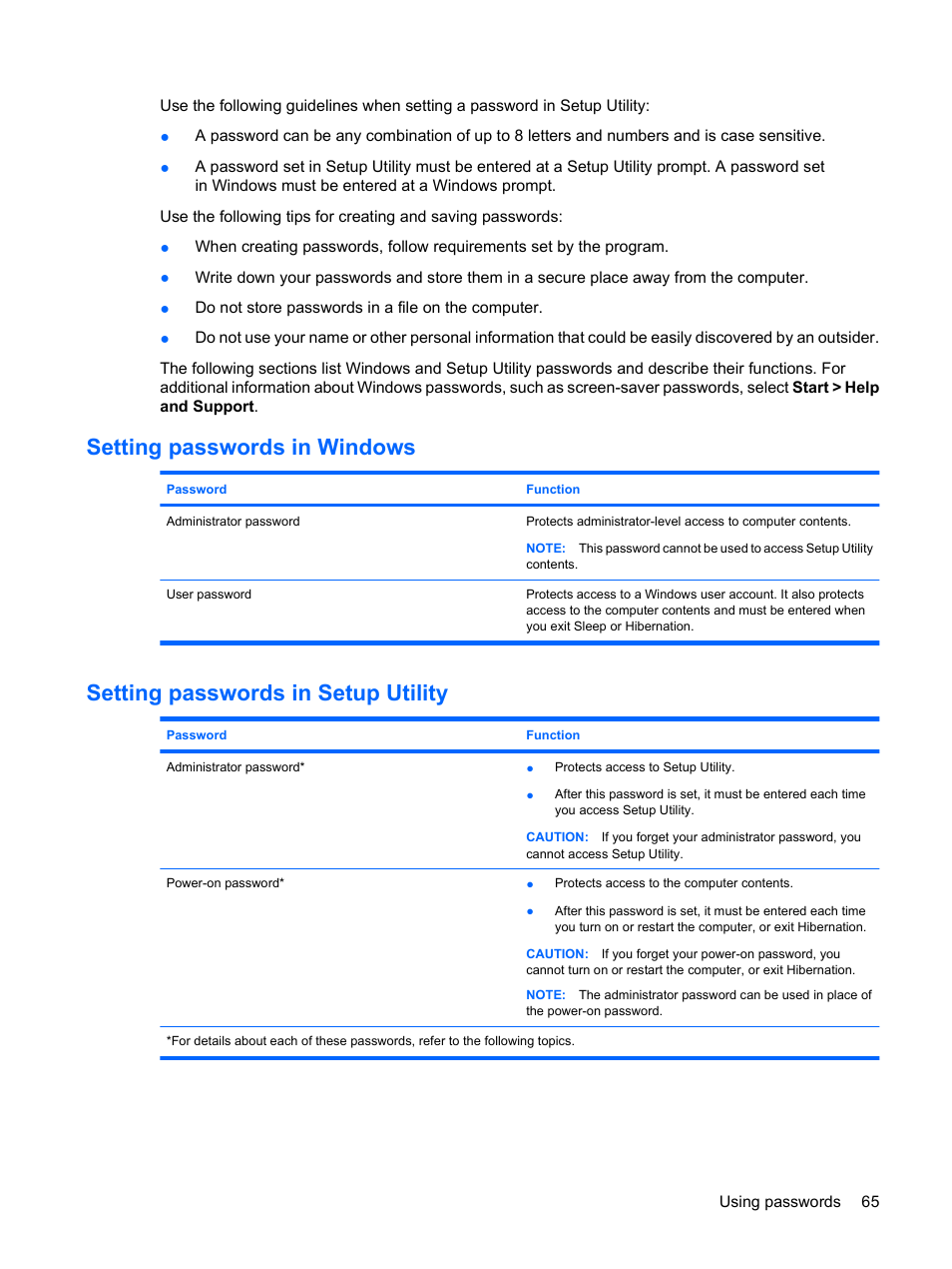 Setting passwords in windows, Setting passwords in setup utility | HP Pavilion dm3-1108ax Entertainment Notebook PC User Manual | Page 75 / 94