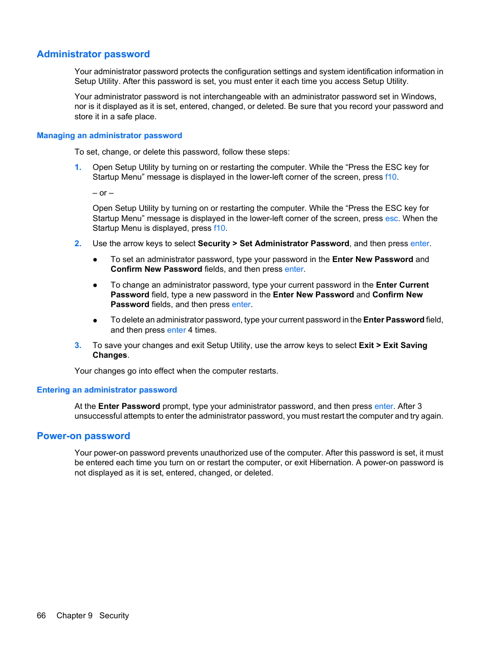 Administrator password, Managing an administrator password, Entering an administrator password | Power-on password | HP Pavilion dm3-1108ax Entertainment Notebook PC User Manual | Page 76 / 94