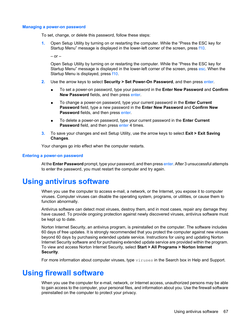 Managing a power-on password, Entering a power-on password, Using antivirus software | Using firewall software, Using antivirus software using firewall software | HP Pavilion dm3-1108ax Entertainment Notebook PC User Manual | Page 77 / 94