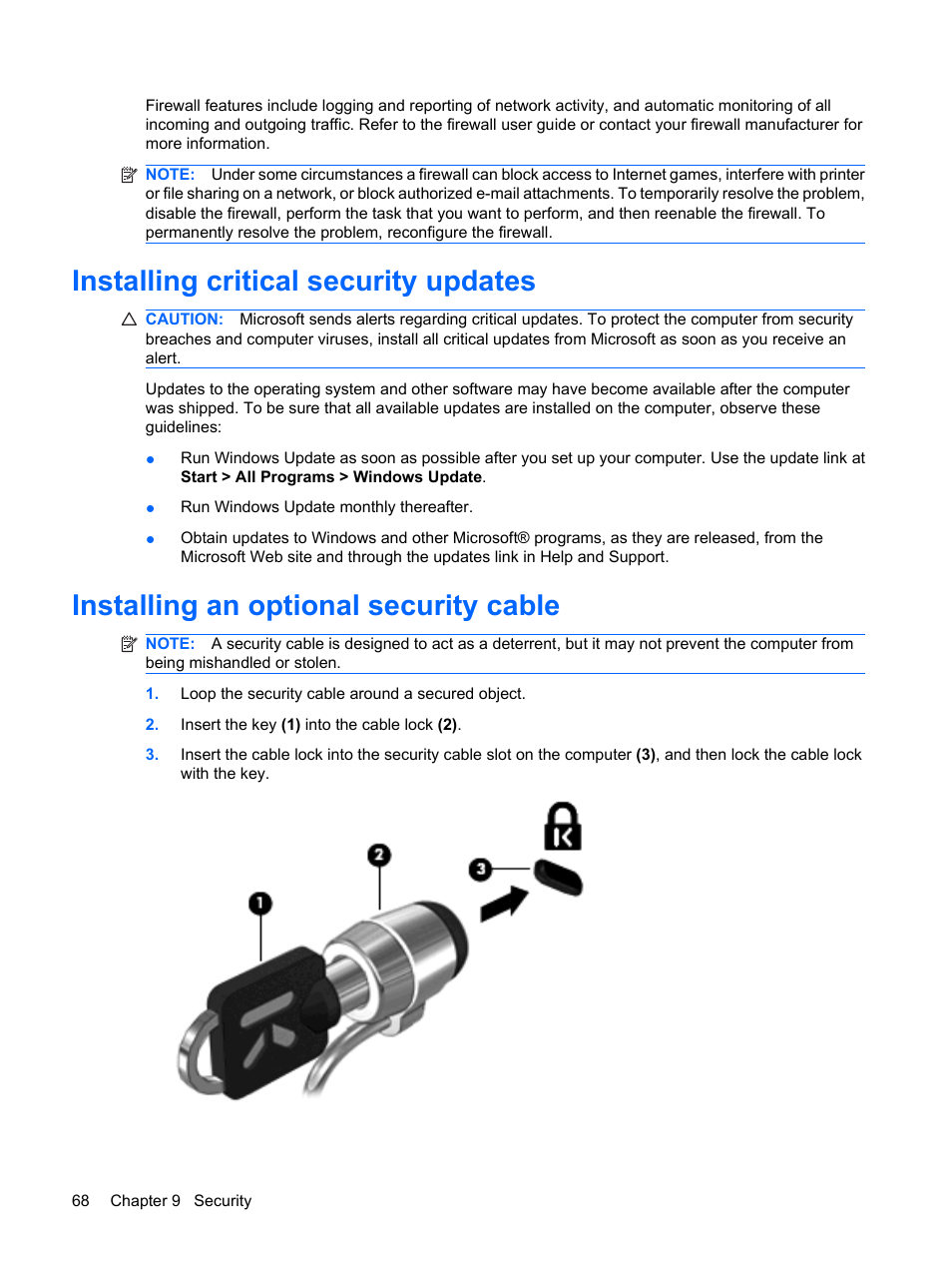 Installing critical security updates, Installing an optional security cable | HP Pavilion dm3-1108ax Entertainment Notebook PC User Manual | Page 78 / 94