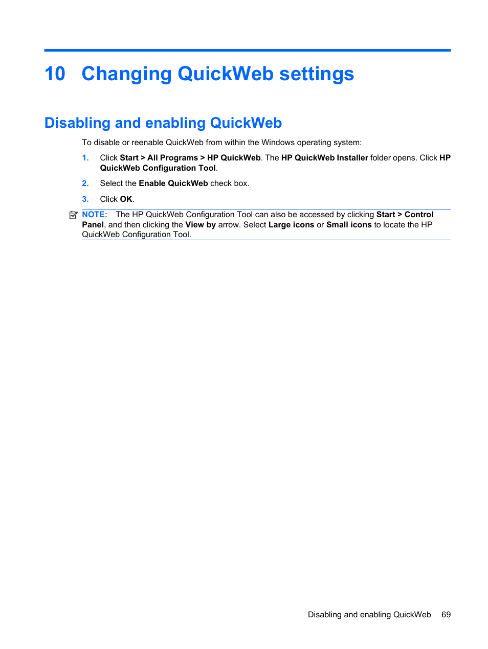 Changing quickweb settings, Disabling and enabling quickweb, 10 changing quickweb settings | HP Pavilion dm3-1108ax Entertainment Notebook PC User Manual | Page 79 / 94