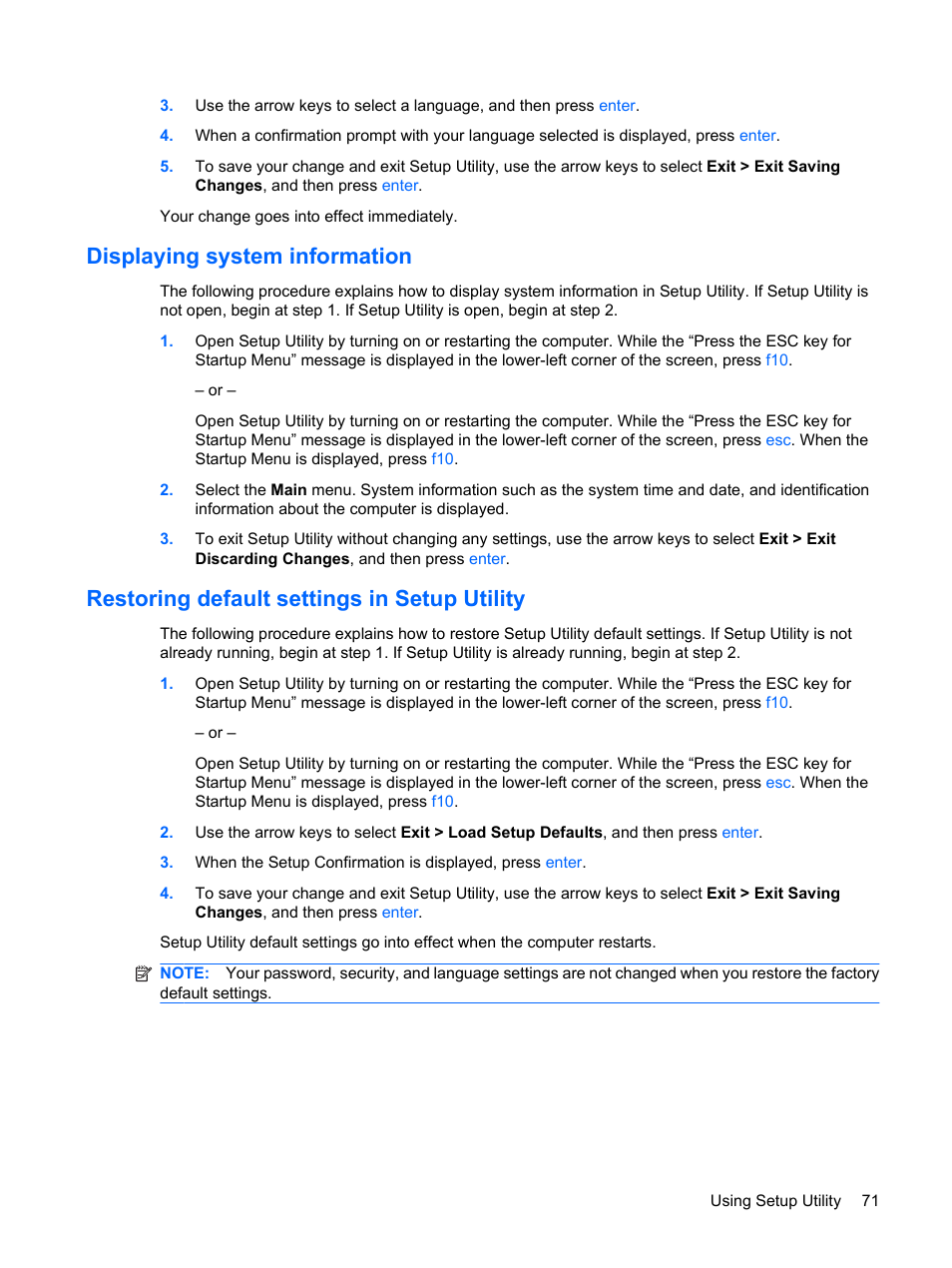 Displaying system information, Restoring default settings in setup utility | HP Pavilion dm3-1108ax Entertainment Notebook PC User Manual | Page 81 / 94
