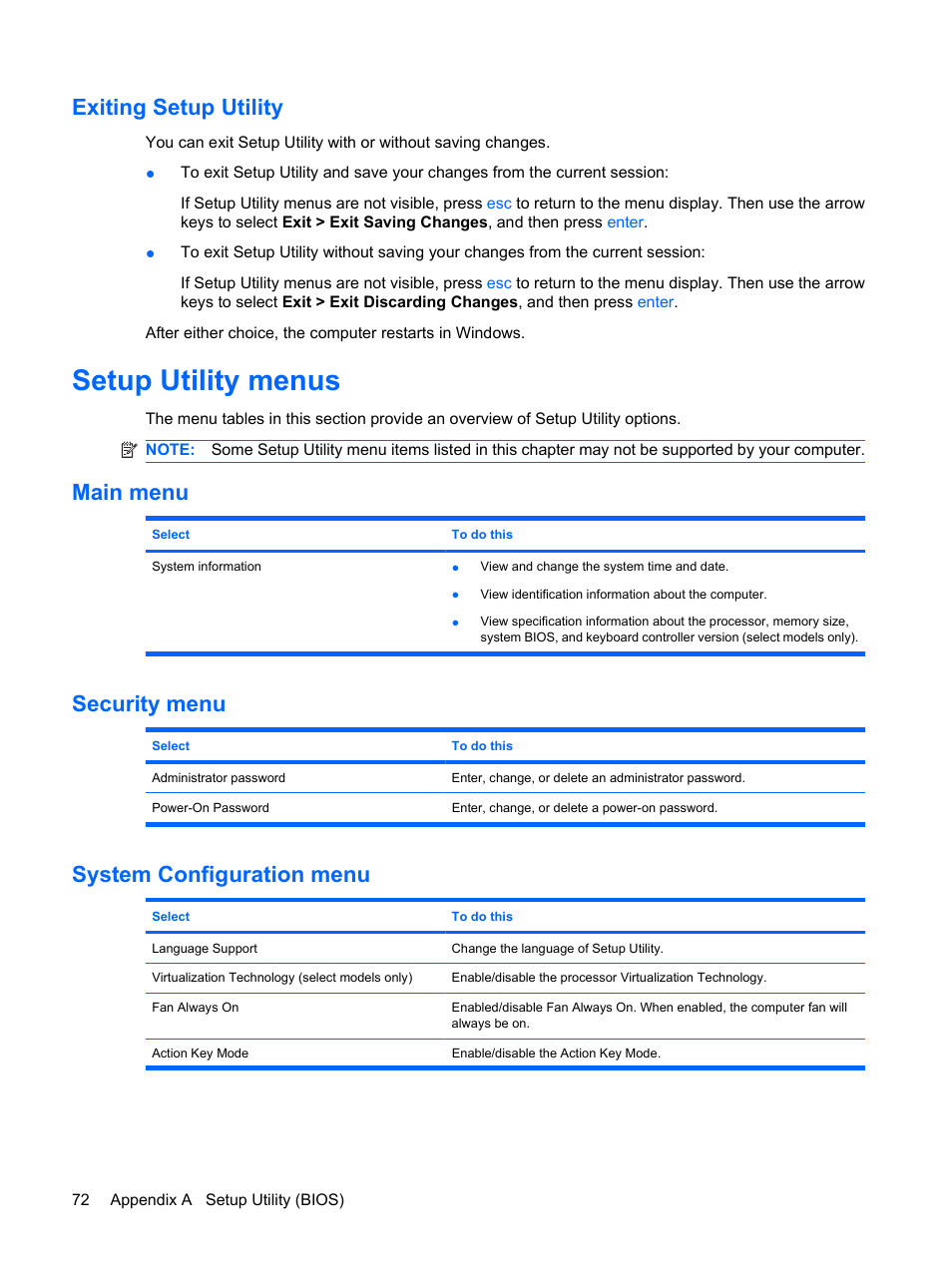 Exiting setup utility, Setup utility menus, Main menu | Security menu, System configuration menu, Main menu security menu system configuration menu | HP Pavilion dm3-1108ax Entertainment Notebook PC User Manual | Page 82 / 94