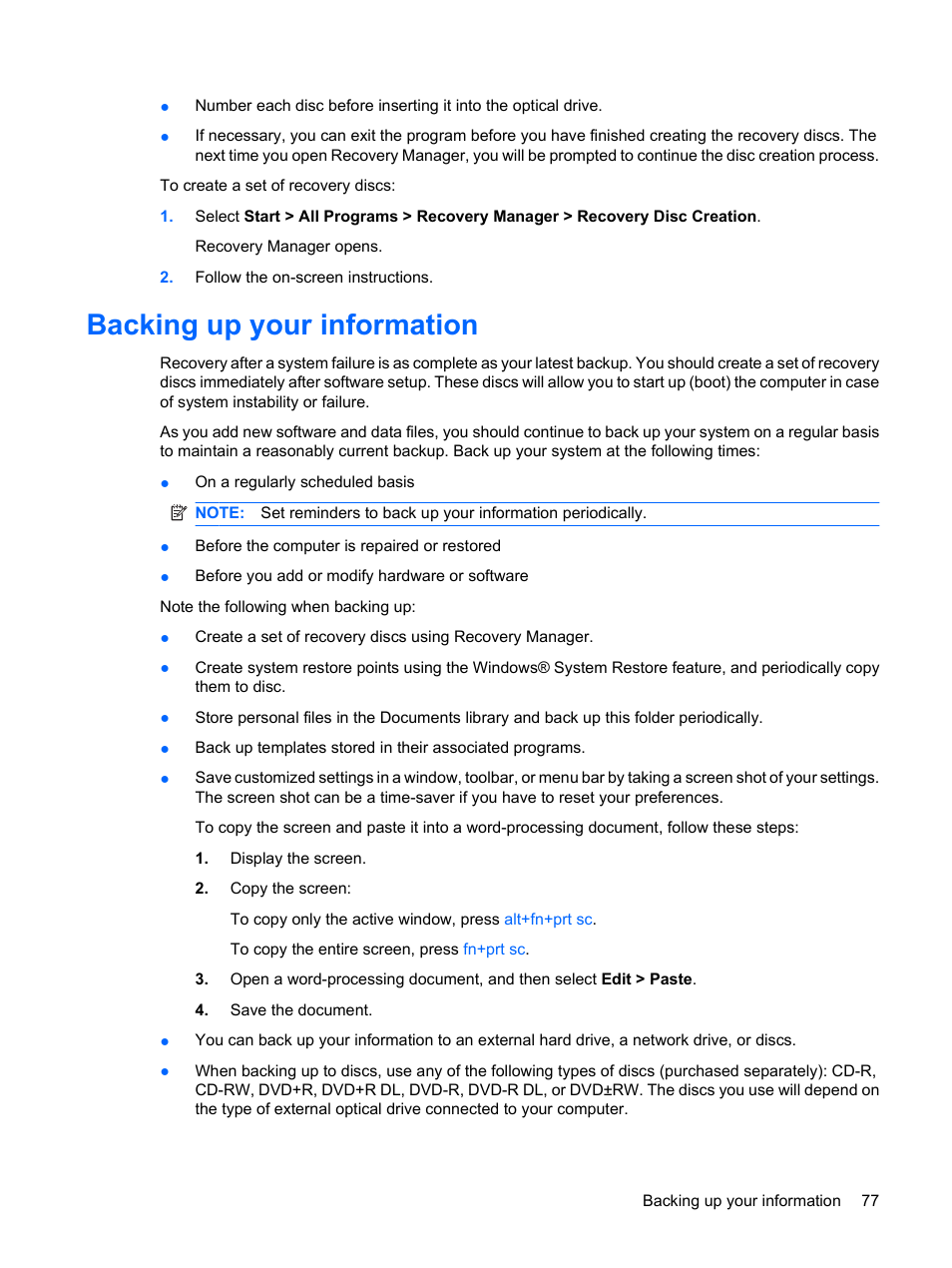Backing up your information | HP Pavilion dm3-1108ax Entertainment Notebook PC User Manual | Page 87 / 94