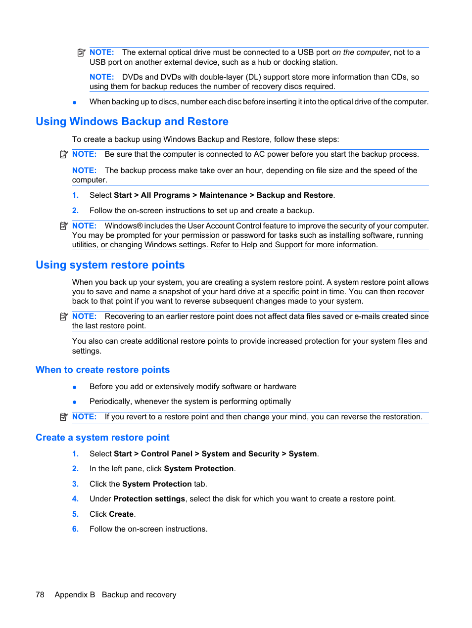 Using windows backup and restore, Using system restore points, When to create restore points | Create a system restore point | HP Pavilion dm3-1108ax Entertainment Notebook PC User Manual | Page 88 / 94