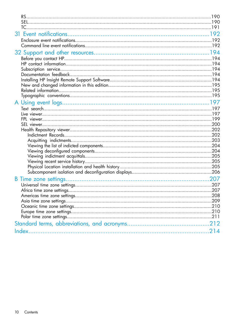 31 event notifications, 32 support and other resources, A using event logs | B time zone settings, Standard terms, abbreviations, and acronyms index | HP Integrity Superdome 2 Server User Manual | Page 10 / 217