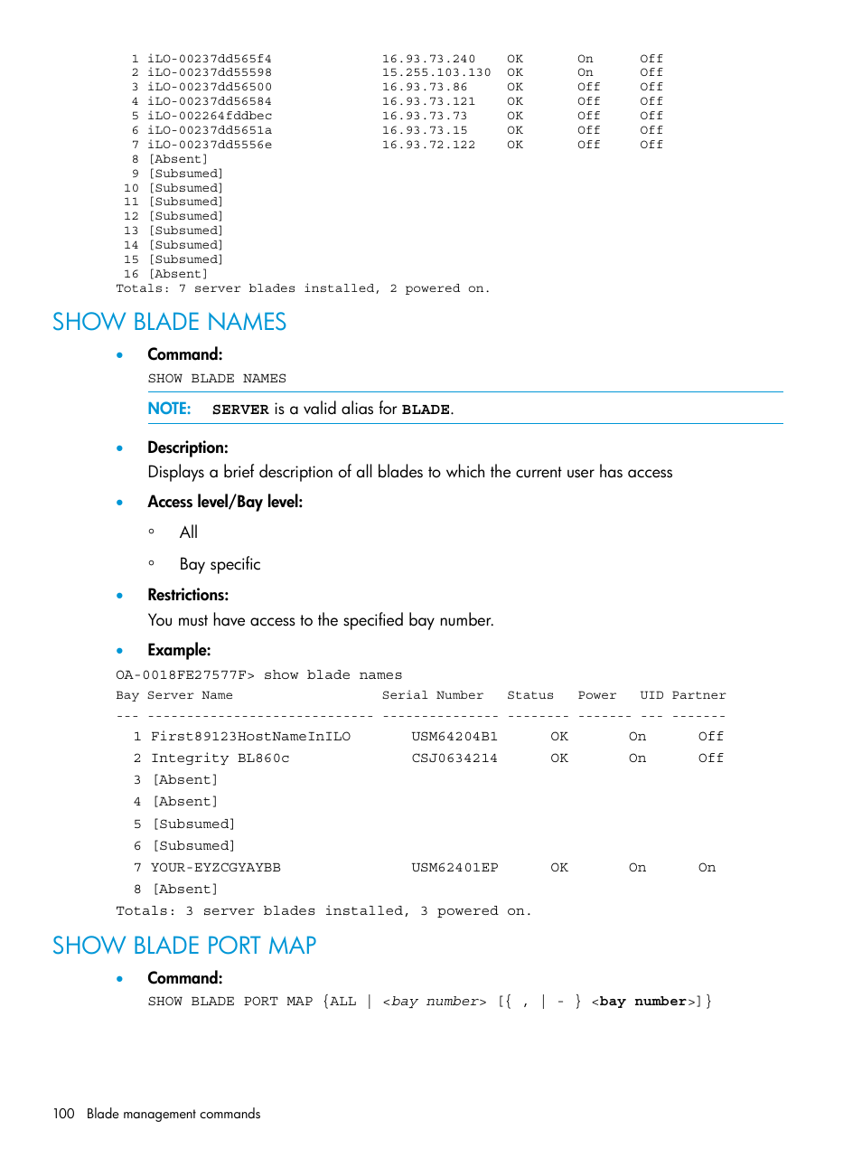 Show blade names, Show blade port map, Show blade names show blade port map | HP Integrity Superdome 2 Server User Manual | Page 100 / 217