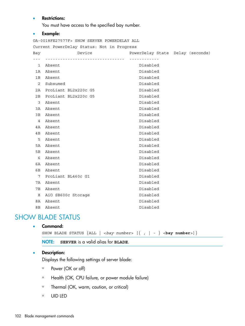 Show blade status | HP Integrity Superdome 2 Server User Manual | Page 102 / 217