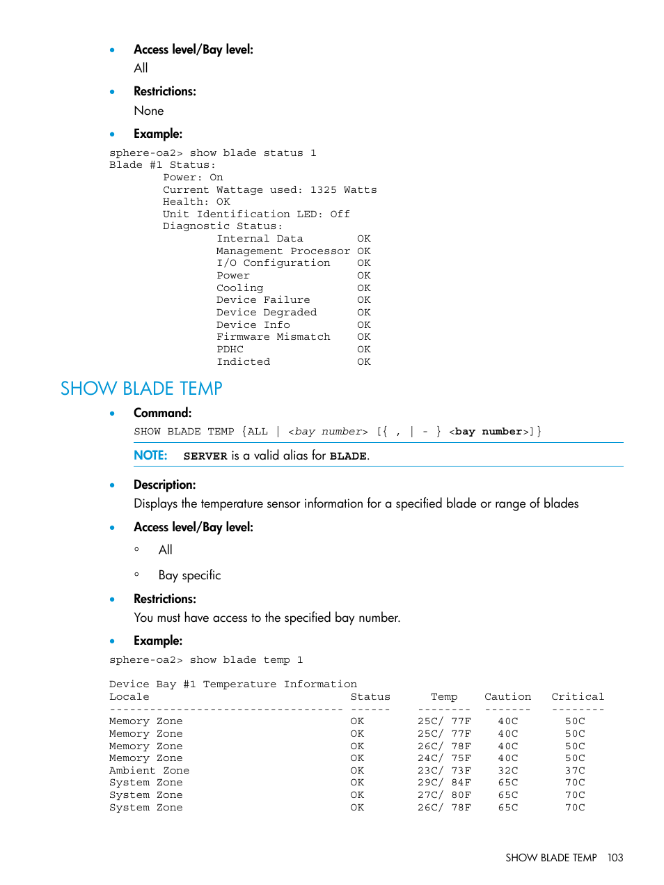 Show blade temp | HP Integrity Superdome 2 Server User Manual | Page 103 / 217