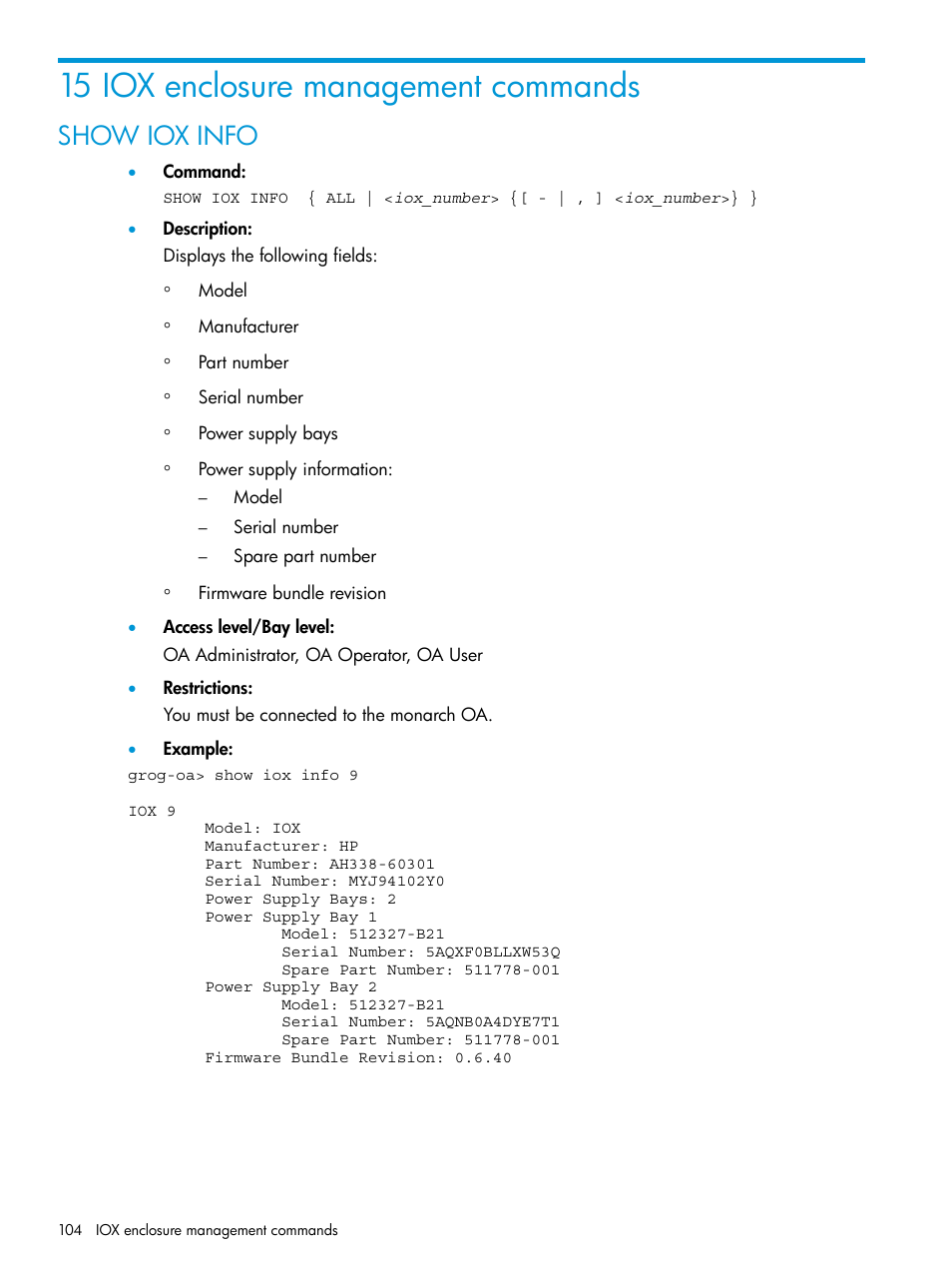 15 iox enclosure management commands, Show iox info | HP Integrity Superdome 2 Server User Manual | Page 104 / 217