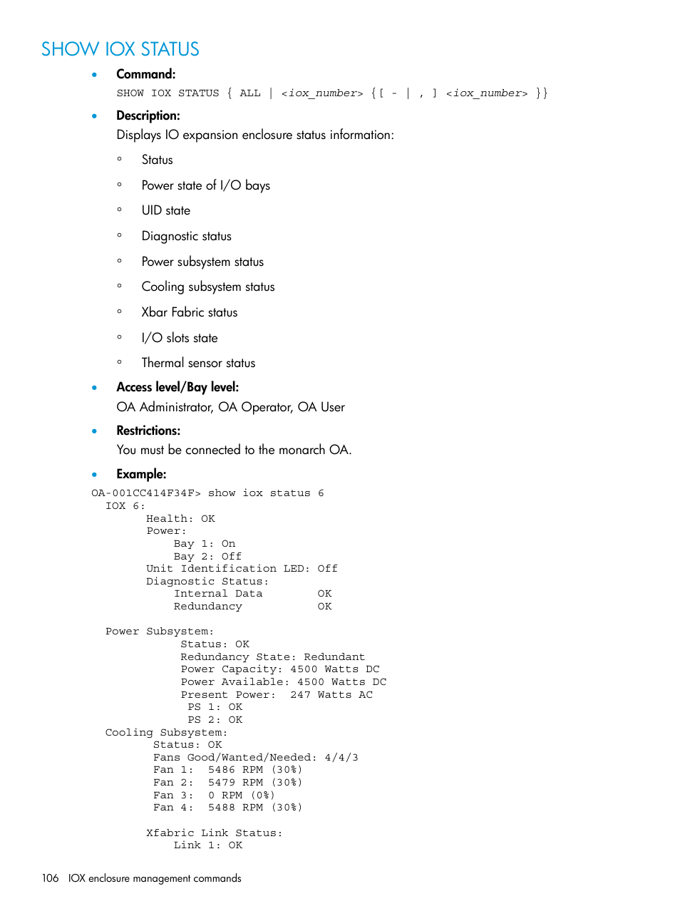 Show iox status | HP Integrity Superdome 2 Server User Manual | Page 106 / 217