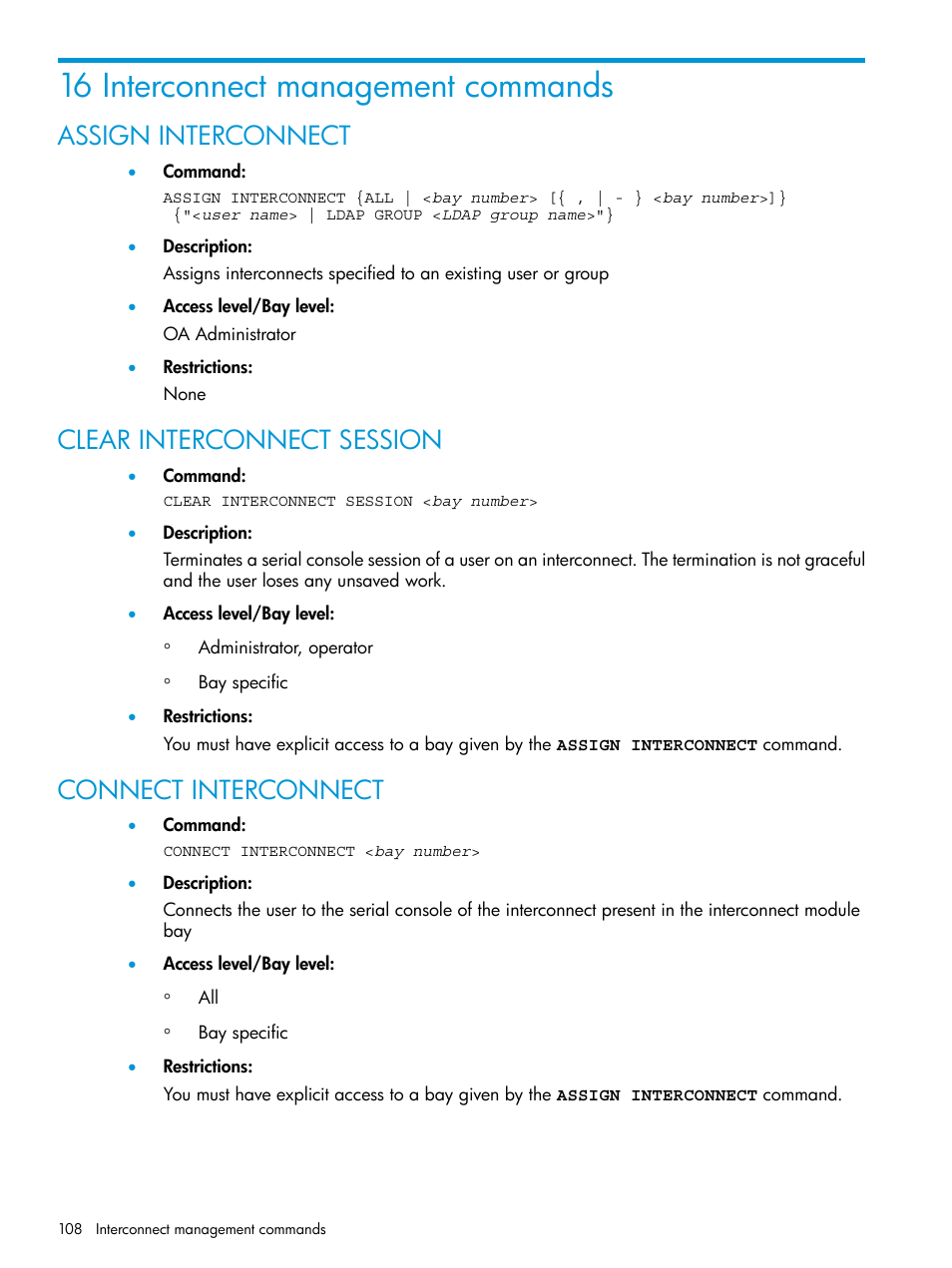 16 interconnect management commands, Assign interconnect, Clear interconnect session | Connect interconnect | HP Integrity Superdome 2 Server User Manual | Page 108 / 217